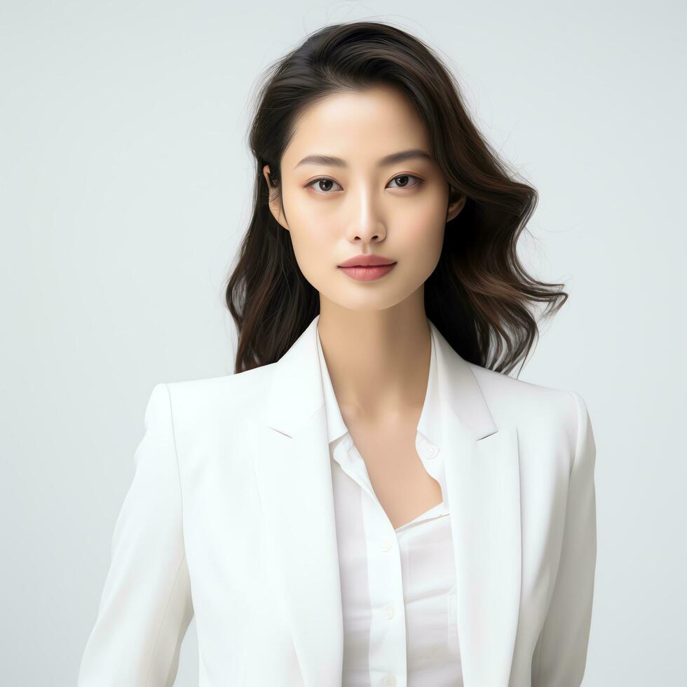 beautiful asian woman in white suit sitting on chair ai generated photo