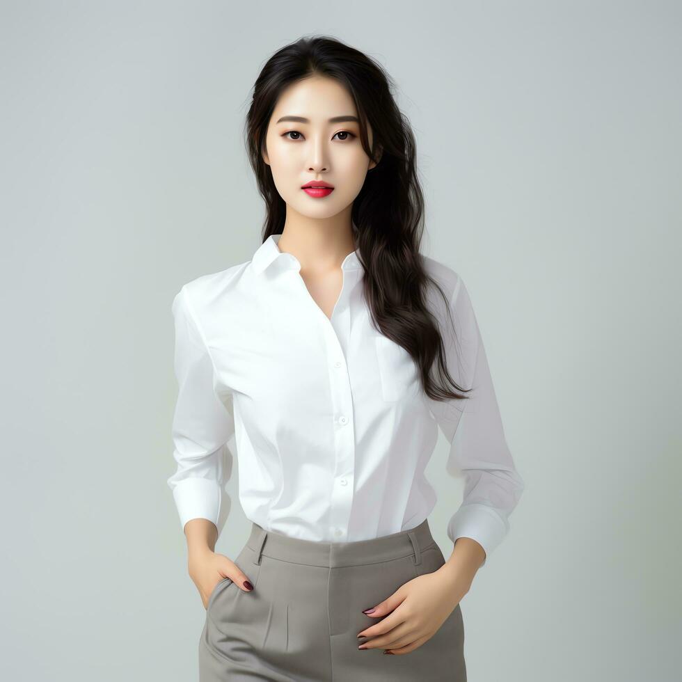 beautiful asian woman in white suit sitting on chair ai generated photo