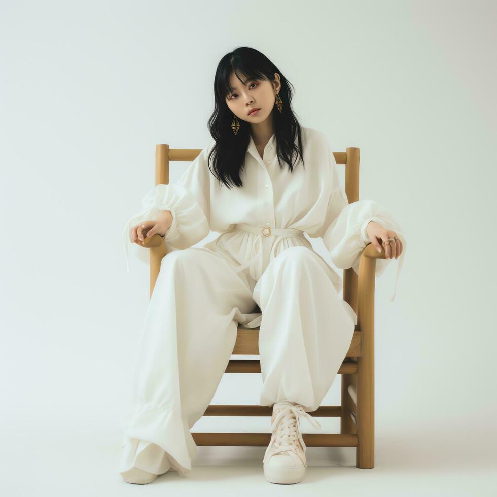hermosa asiático mujer en blanco traje sentado en silla ai generado foto