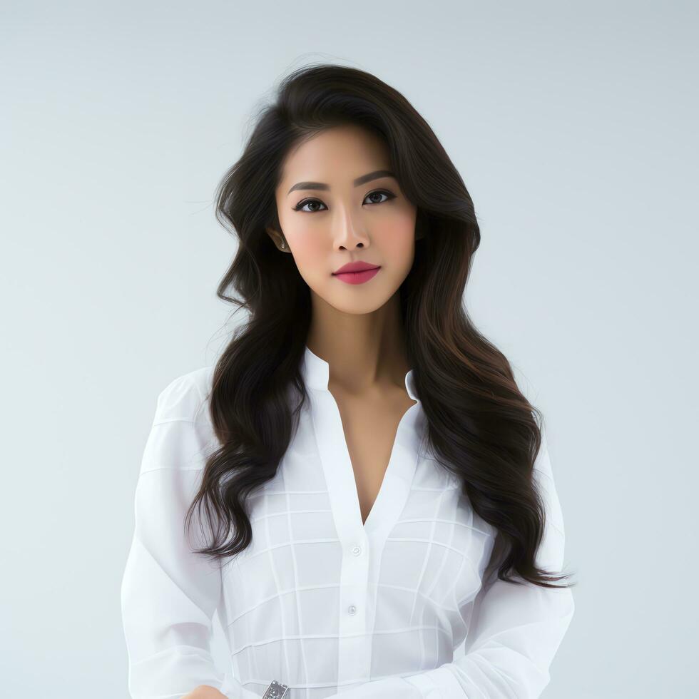 beautiful asian woman in white suit sitting on chair ai generated photo