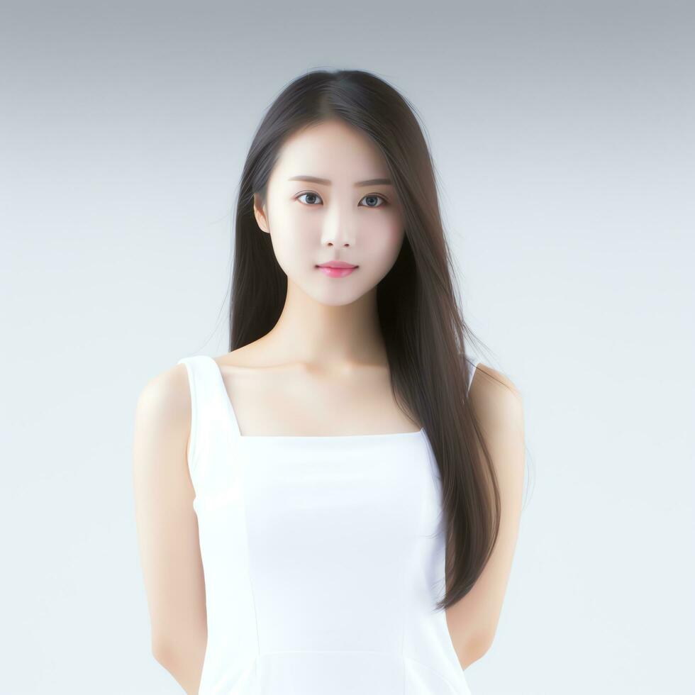 beautiful asian woman in white suit sitting on chair ai generated photo