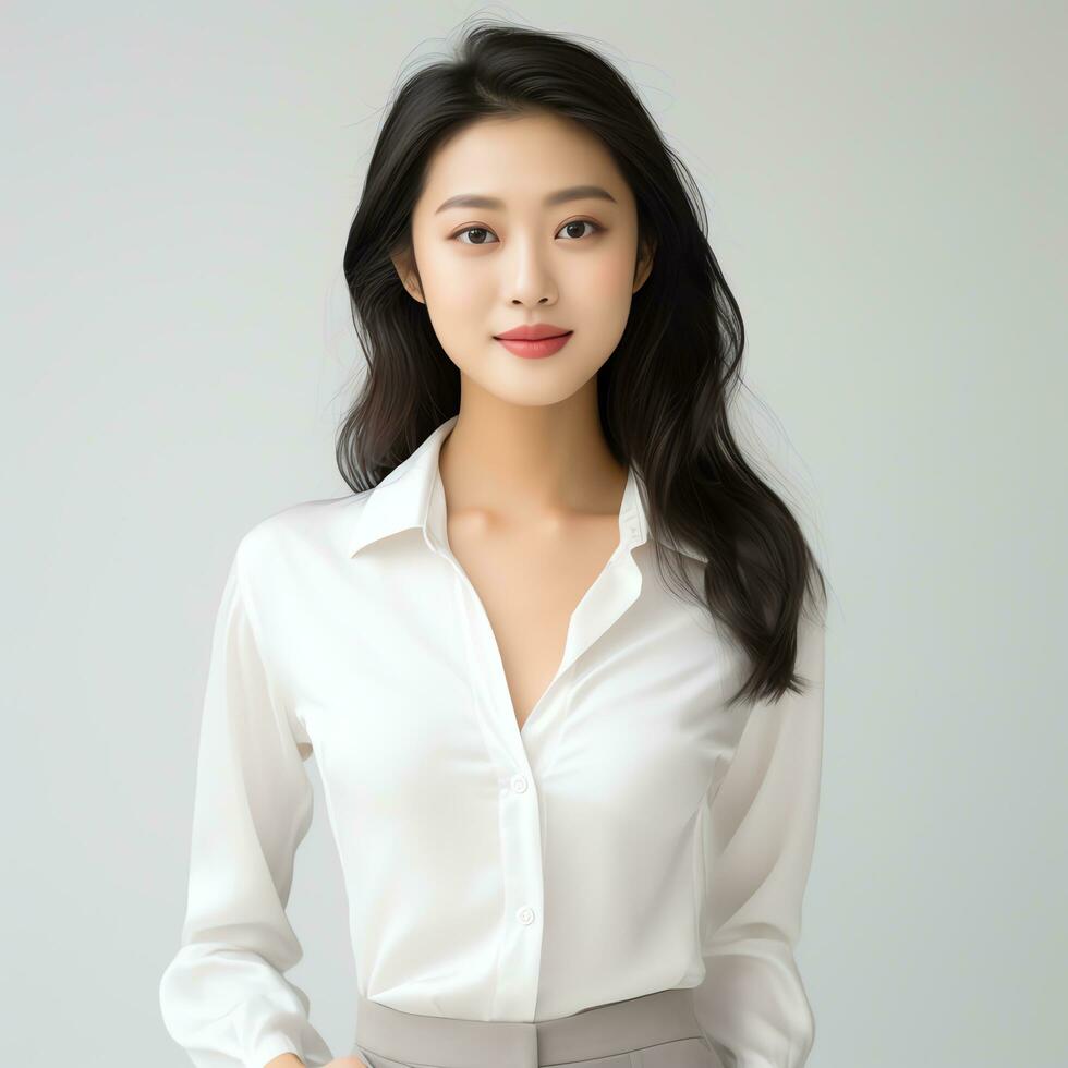 beautiful asian woman in white suit sitting on chair ai generated photo