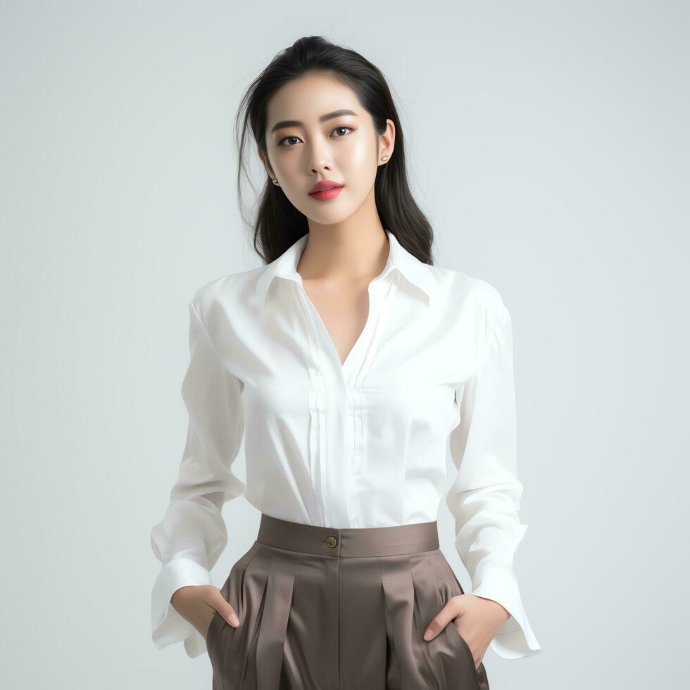 young asian woman in white suit ai generated photo