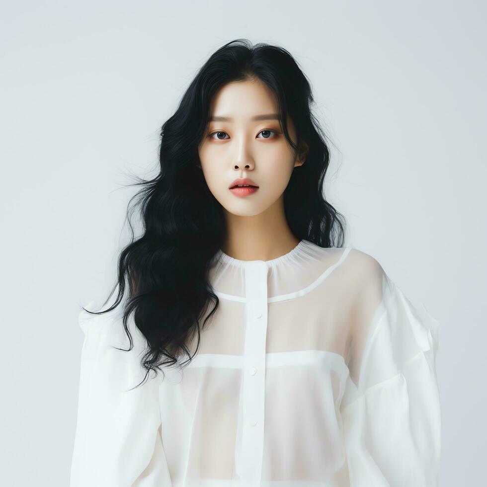 beautiful asian woman in white suit sitting on chair ai generated photo