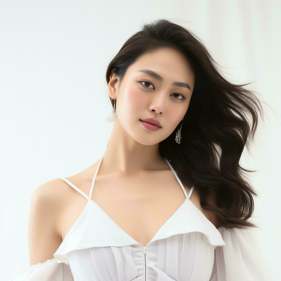 beautiful asian woman in white suit sitting on chair ai generated photo