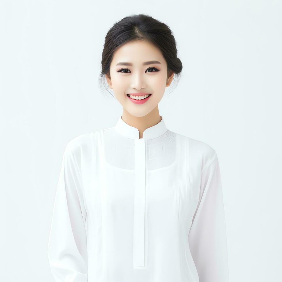 a beautiful woman in white dress posing for the camera ai generated photo