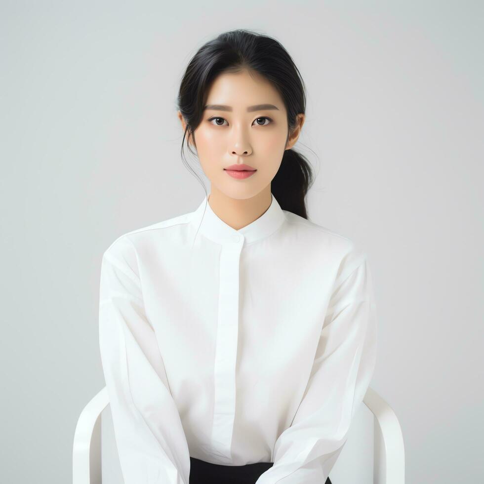 a beautiful woman in white dress posing for the camera ai generated photo