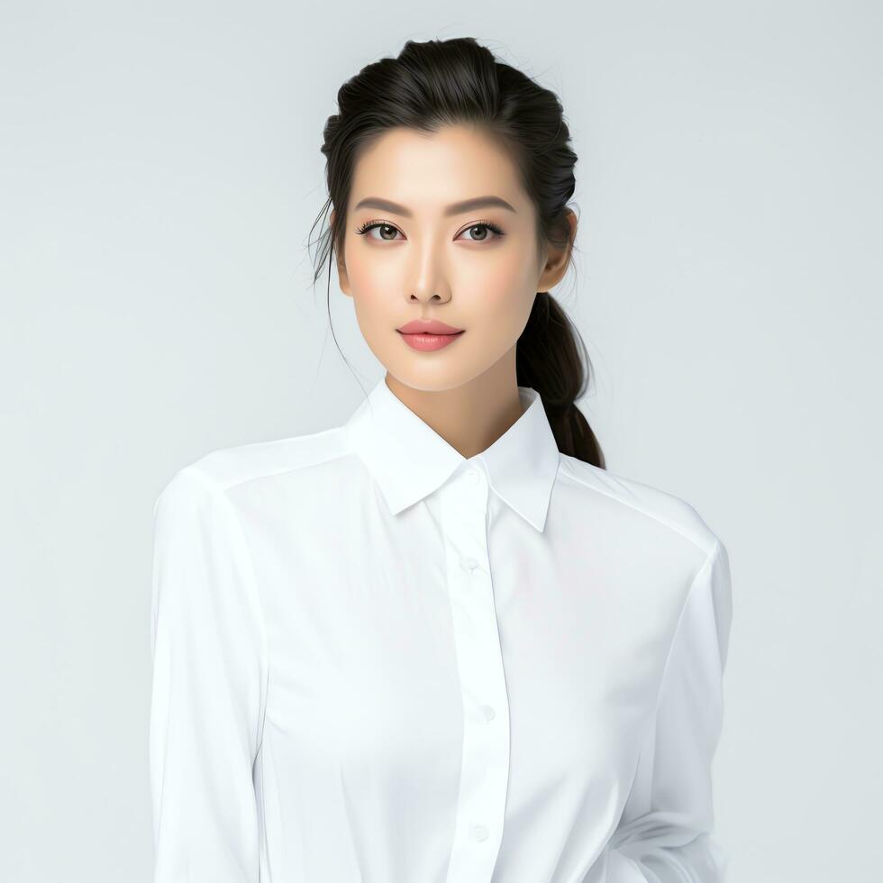 a beautiful woman in white dress posing for the camera ai generated photo