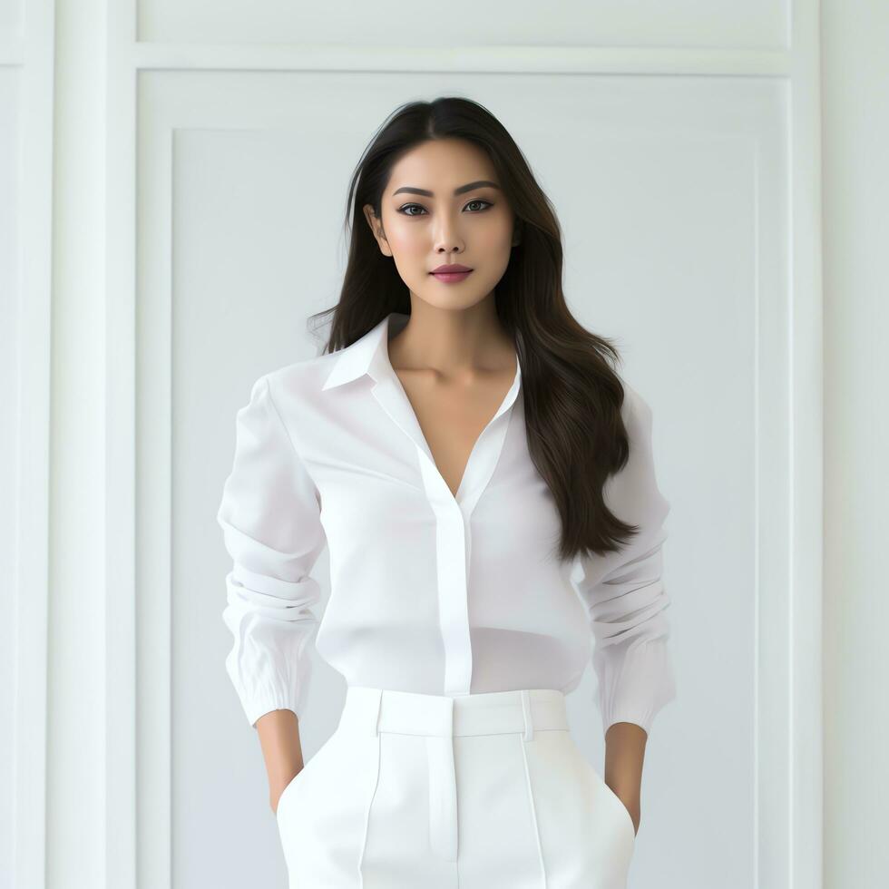 young asian woman in white suit ai generated photo