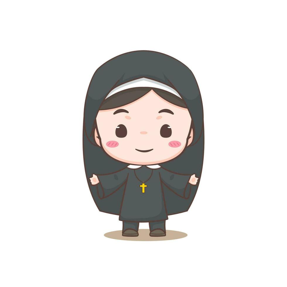 Cute nun cartoon character. Christian and catholic religion concept design. Profession illustration. Adorable chibi style vector