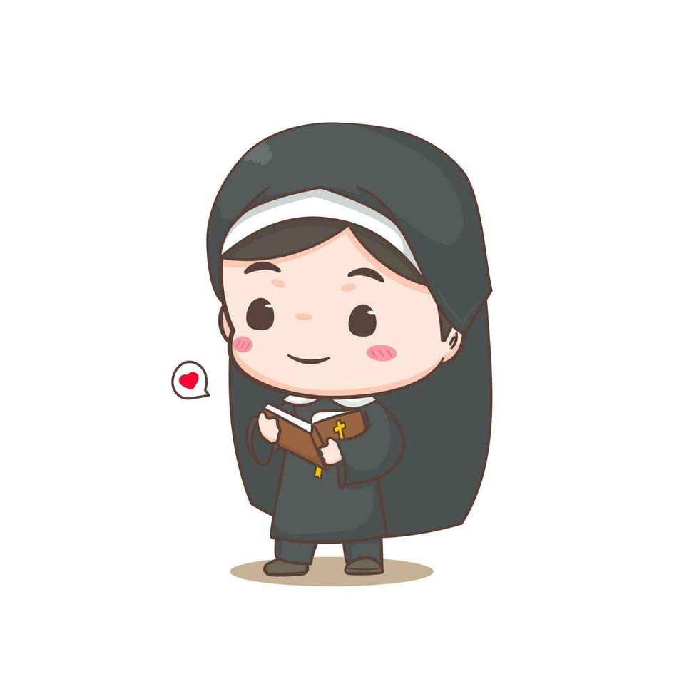 Cute nun cartoon character. Christian and catholic religion concept design. Profession illustration. Adorable chibi style vector