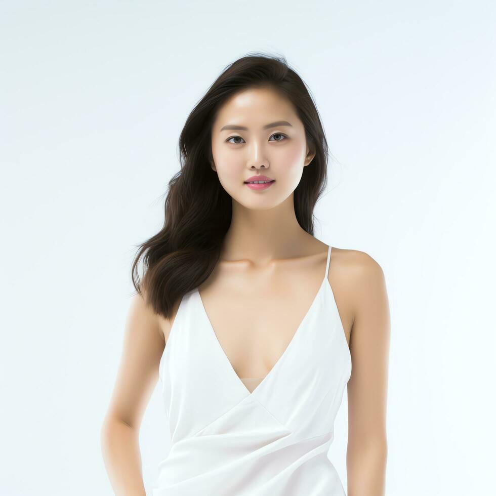a beautiful woman in white dress posing for the camera ai generated photo