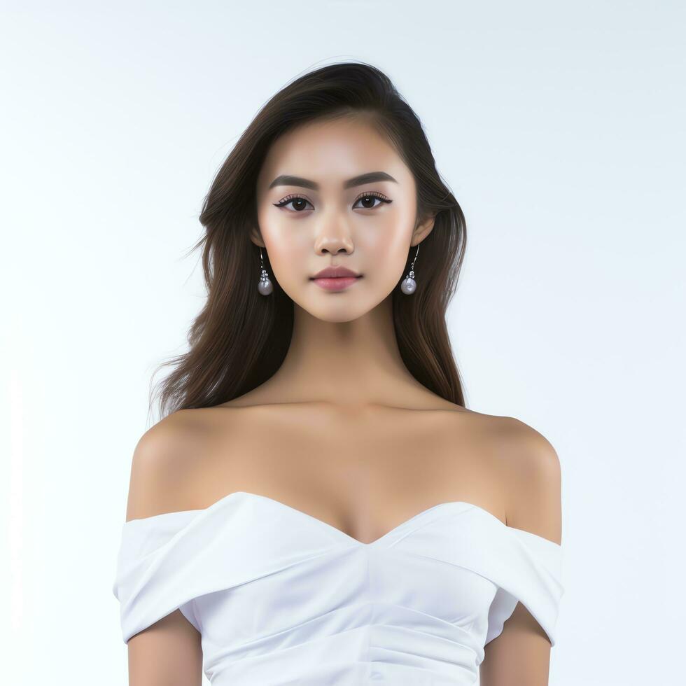 un hermosa mujer en blanco vestir posando para el cámara ai generado foto