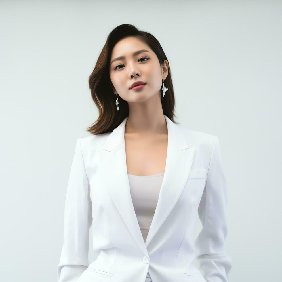 a beautiful woman in white dress posing for the camera ai generated photo