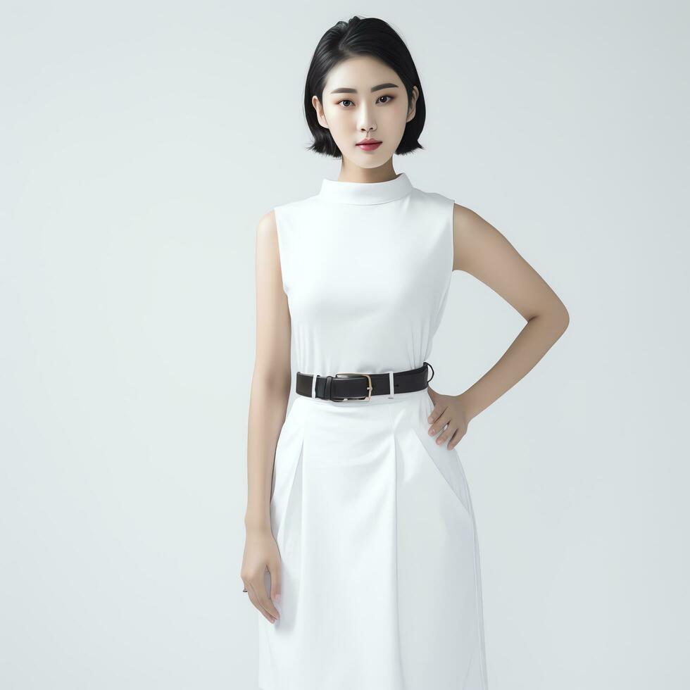 a beautiful woman in white dress posing for the camera ai generated photo