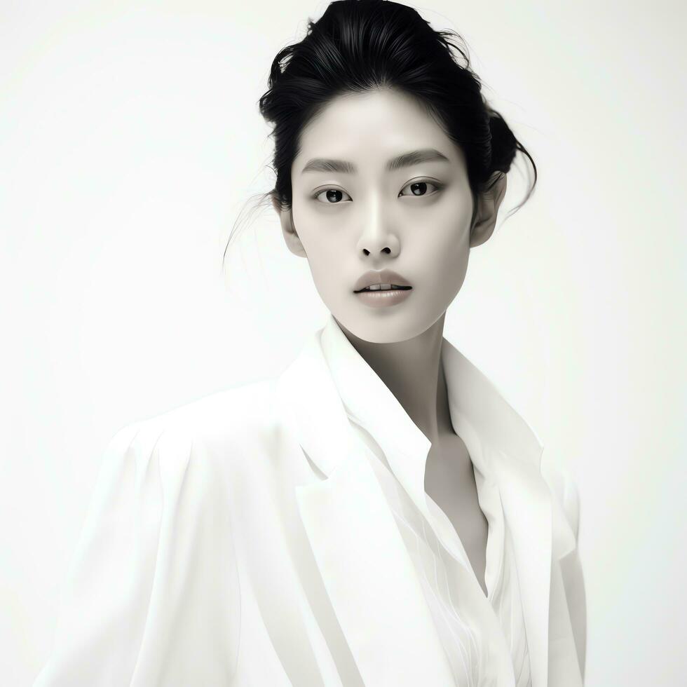 a beautiful woman in white dress posing for the camera ai generated photo
