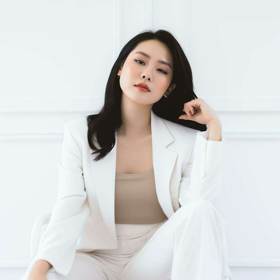 a beautiful woman in white dress posing for the camera ai generated photo