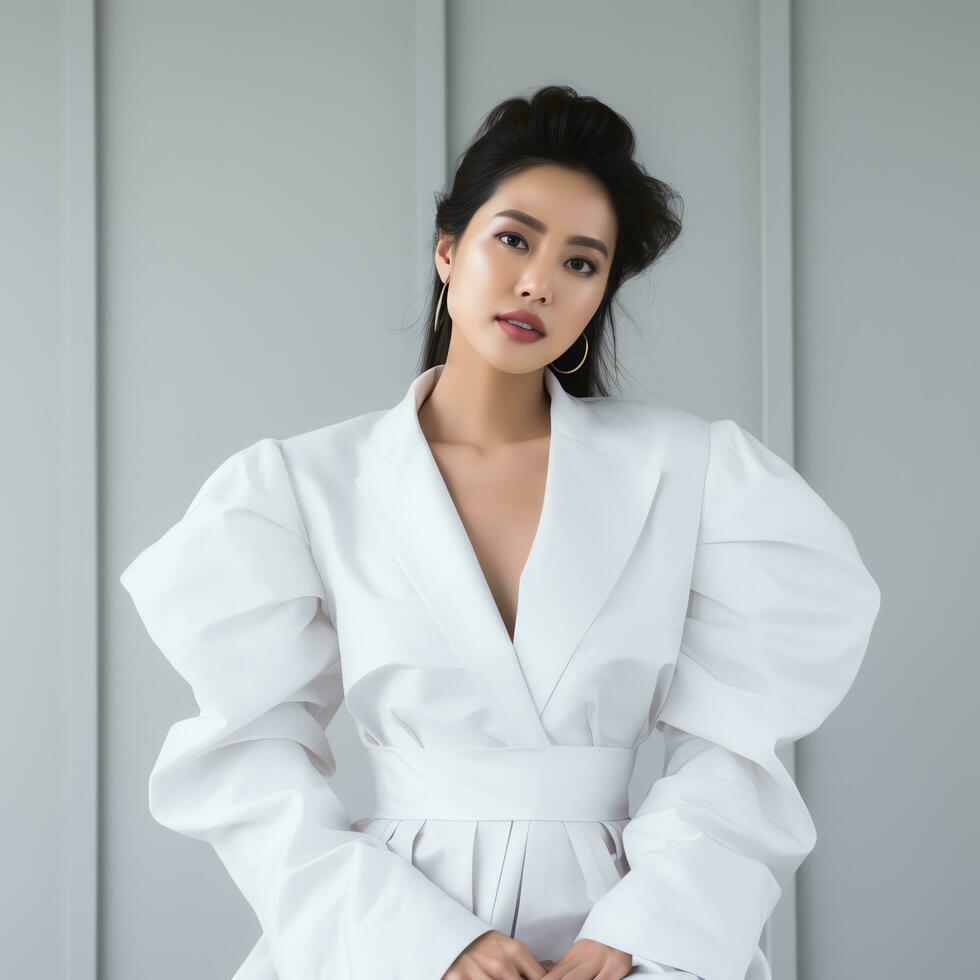 a beautiful woman in white dress posing for the camera ai generated photo