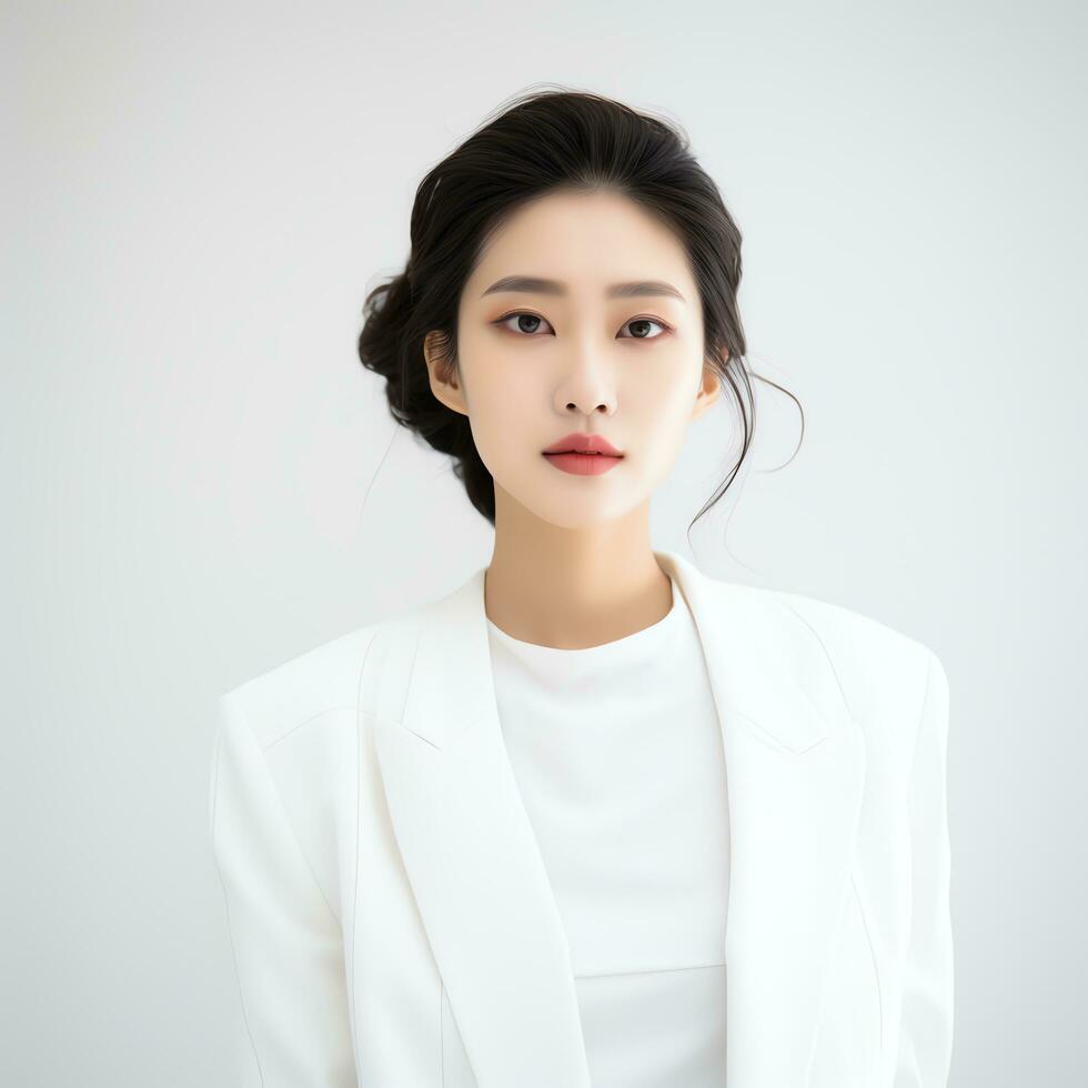 a beautiful woman in white dress posing for the camera ai generated photo