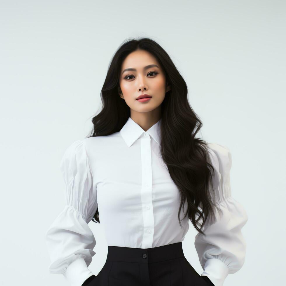 a beautiful woman in white dress posing for the camera ai generated photo