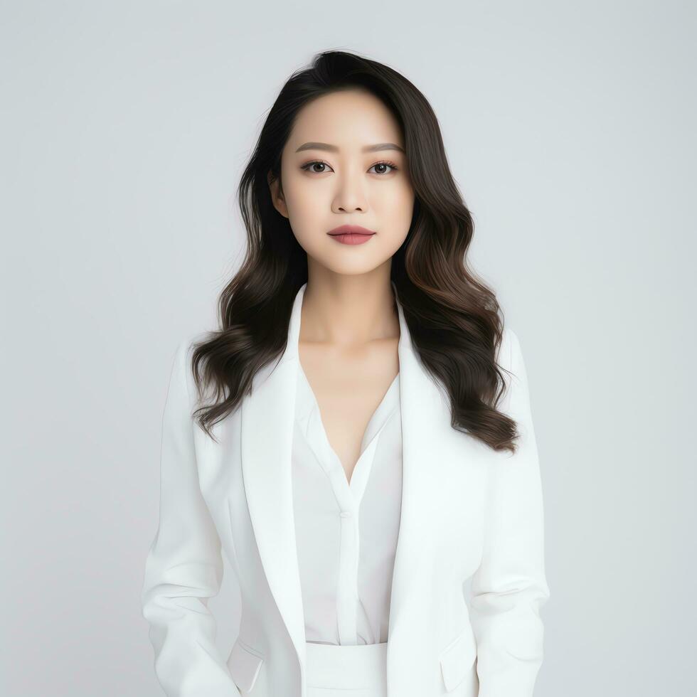 a beautiful woman in white dress posing for the camera ai generated photo
