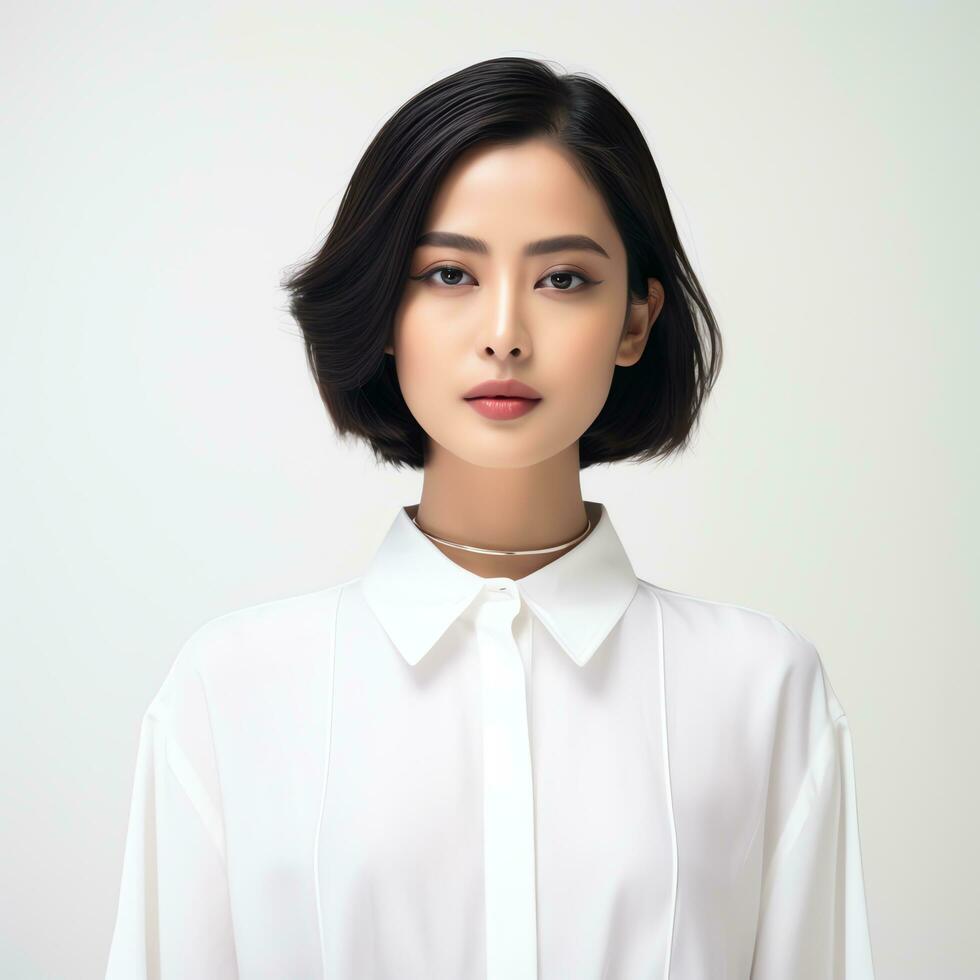 a beautiful woman in white dress posing for the camera ai generated photo