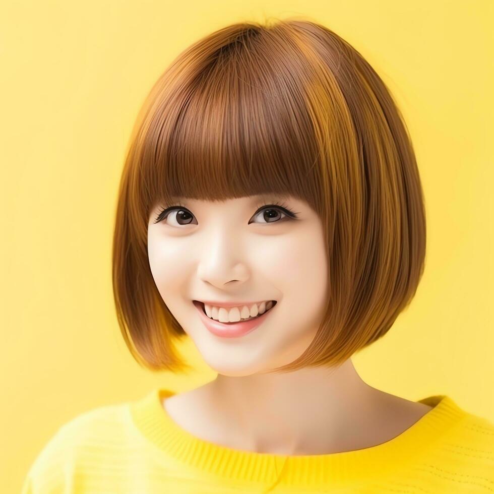 hermosa asiático mujer sonriente con amarillo antecedentes ai generado foto