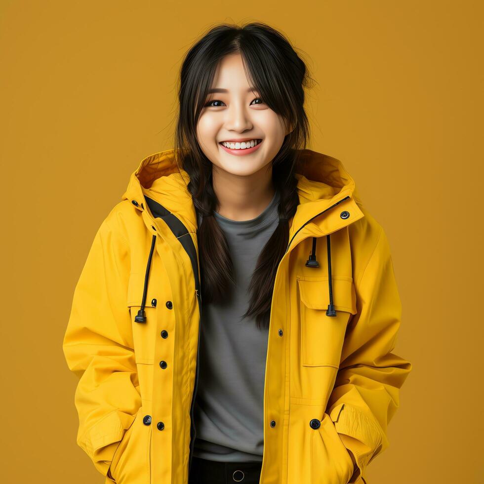 beautiful asian woman smiling with yellow background ai generated photo
