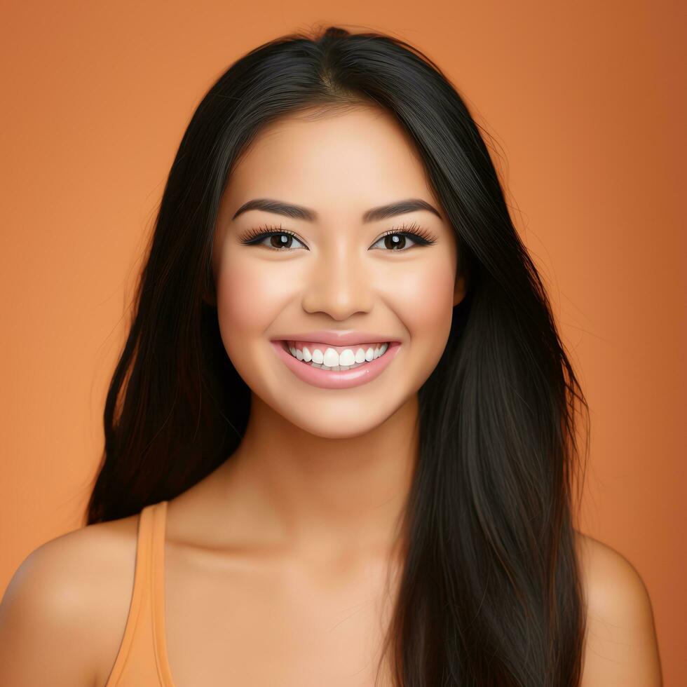 beautiful asian woman smiling with yellow background ai generated photo