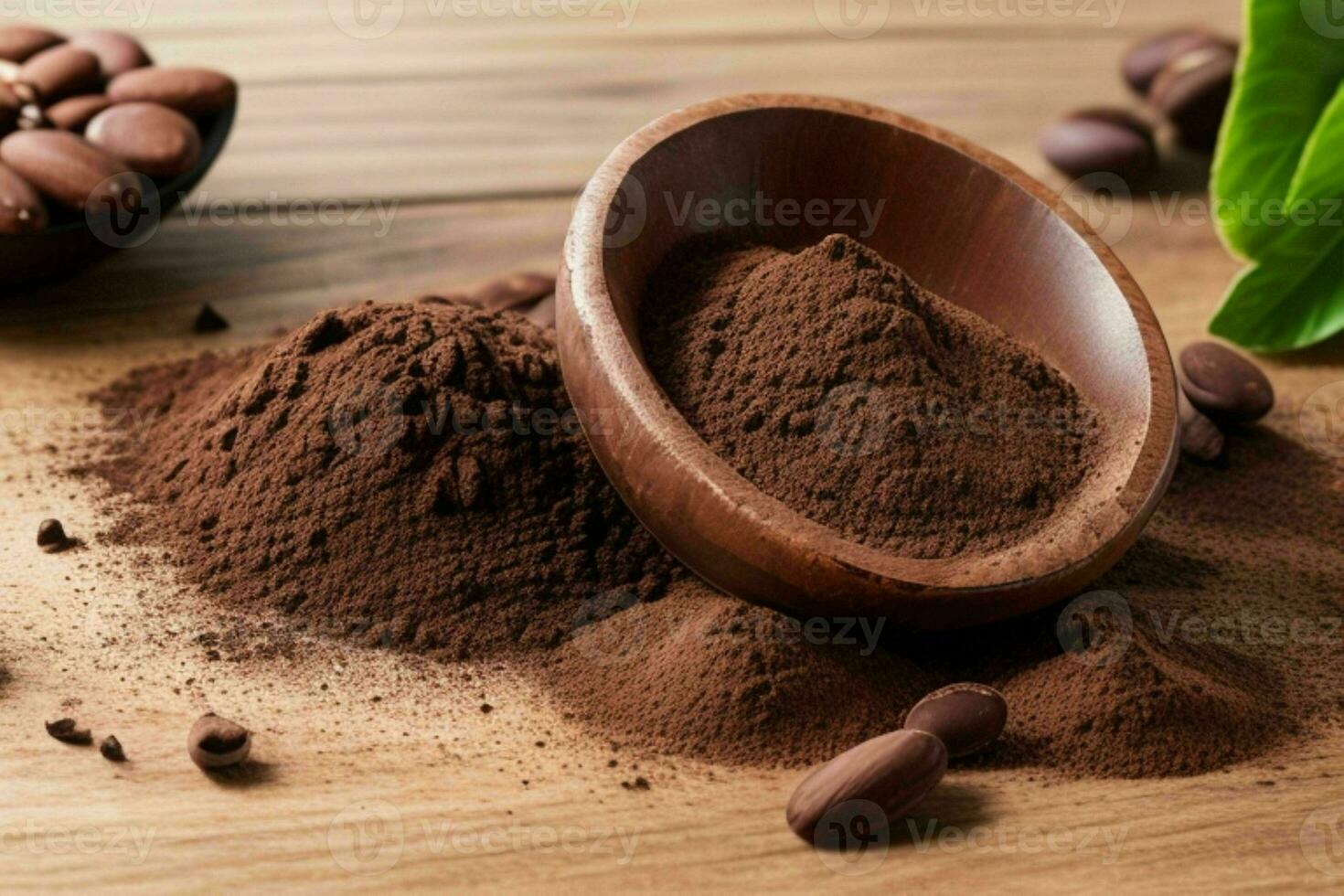 Dark broken chocolate bar, cocoa beans, and powder. AI Generative Pro Photo
