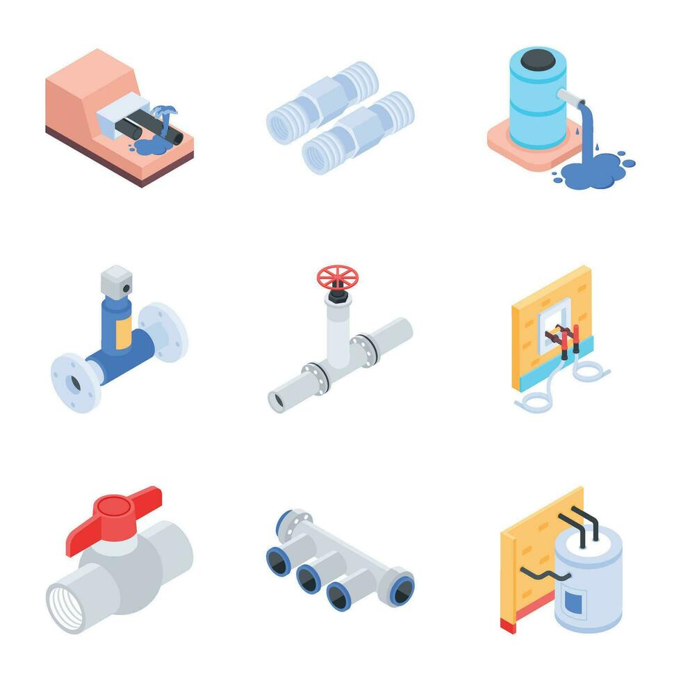 Bundle of Plumbing Tools Isometric Icons vector