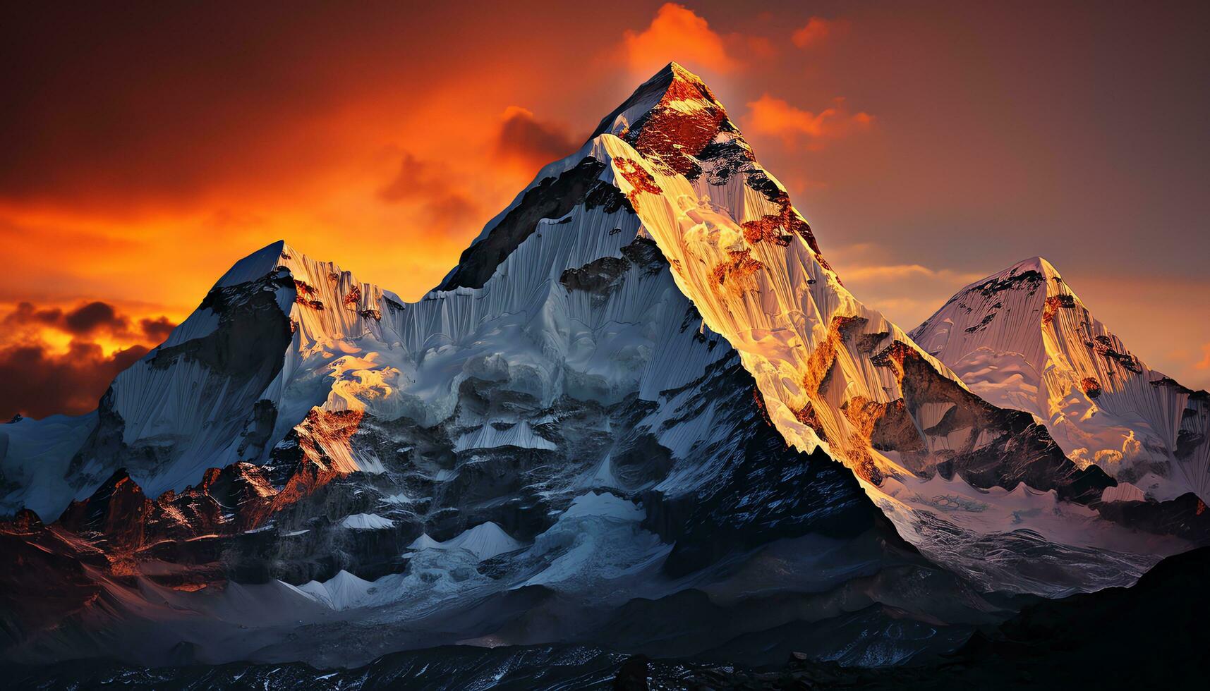 a mountain with clouds and fire in the sky ai generated photo