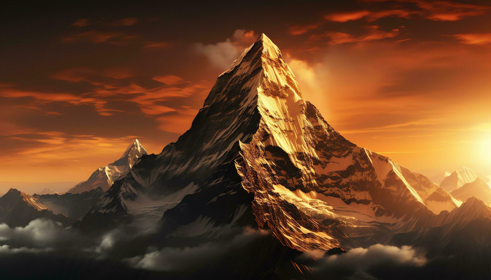 a mountain with clouds and fire in the sky ai generated photo