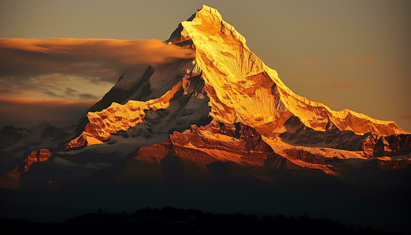 a mountain peak with orange clouds and a sunset ai generated photo