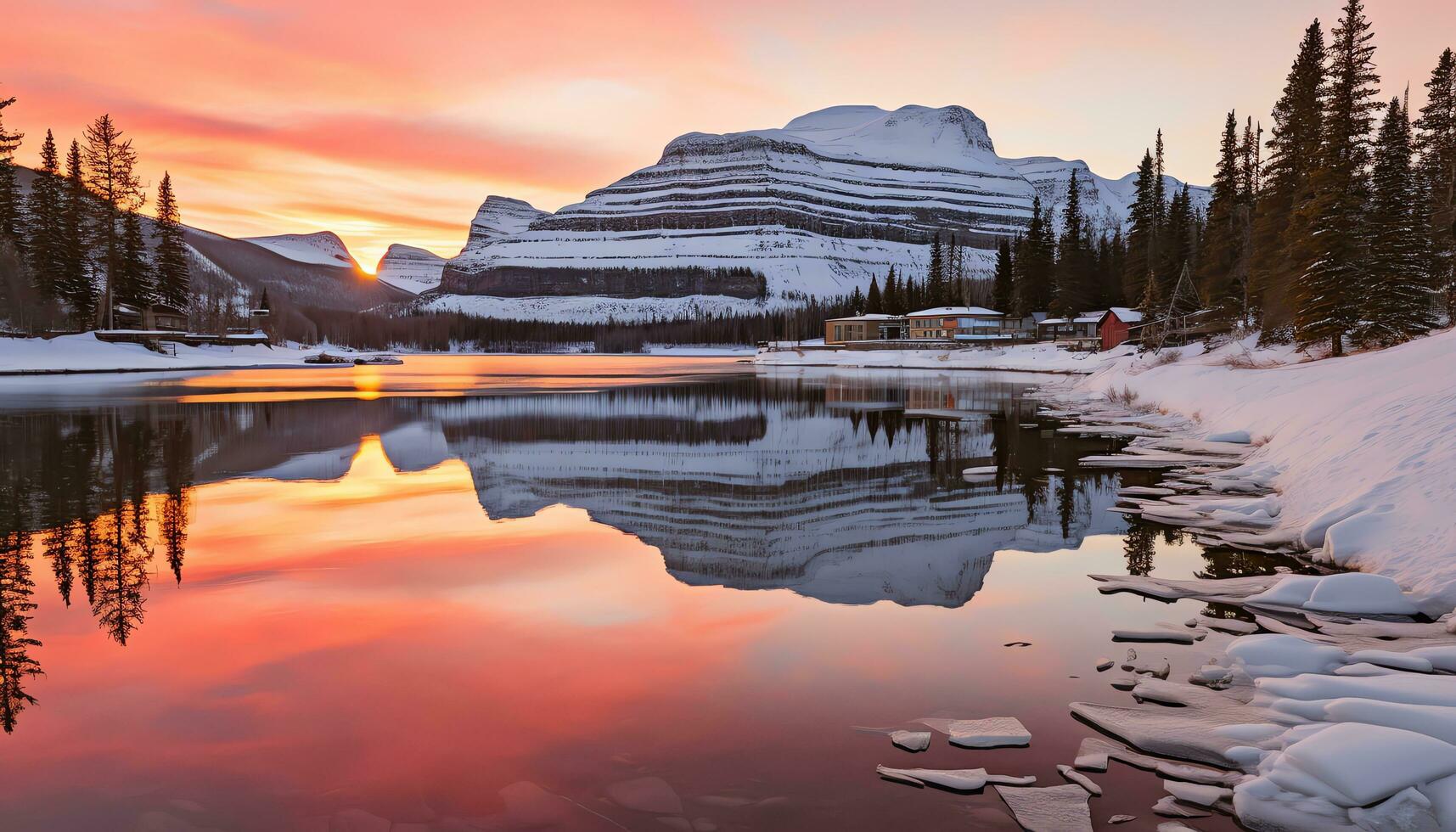 a mountain peak with orange clouds and a sunset ai generated photo