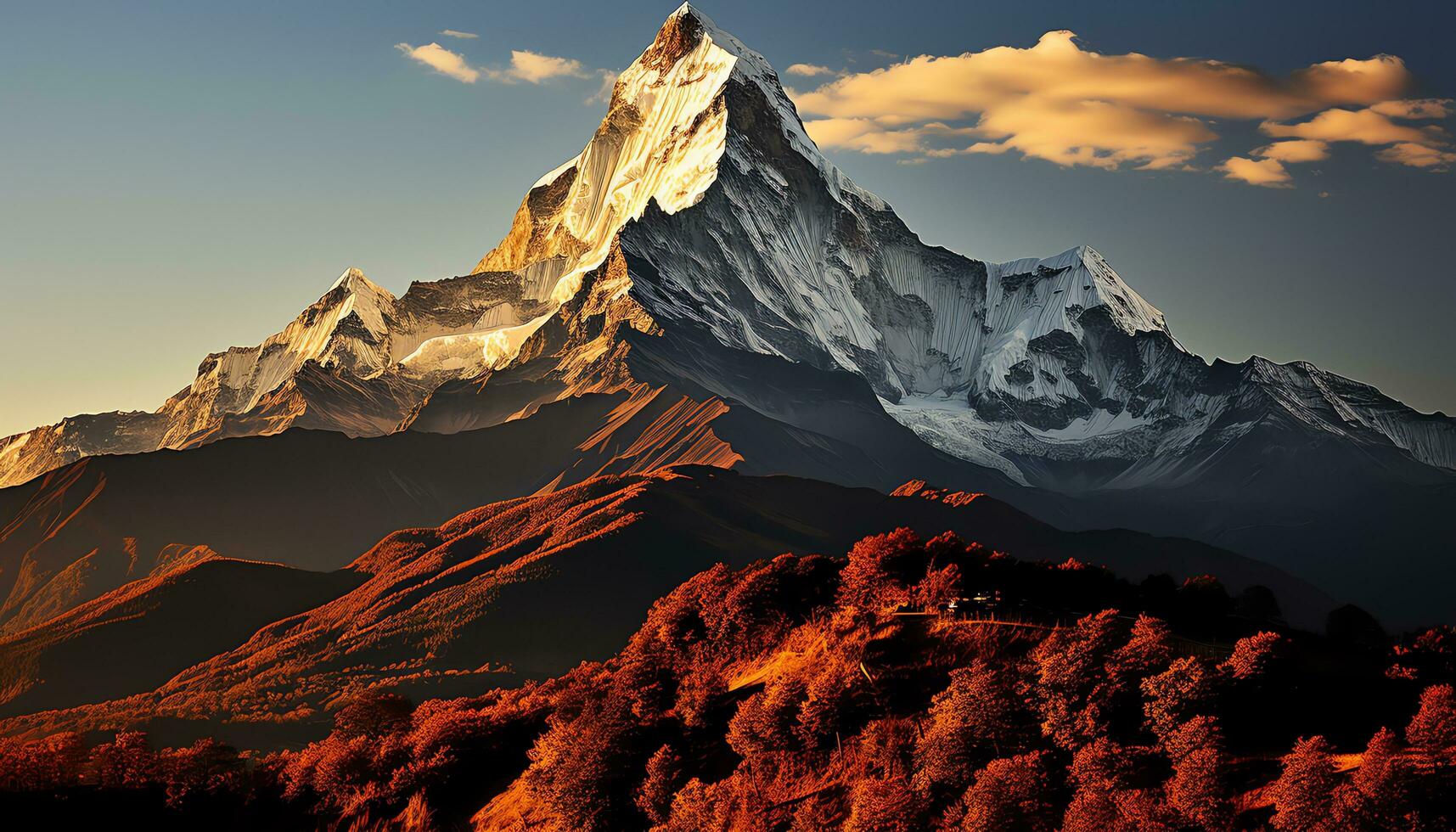 a mountain peak with orange clouds and a sunset ai generated photo