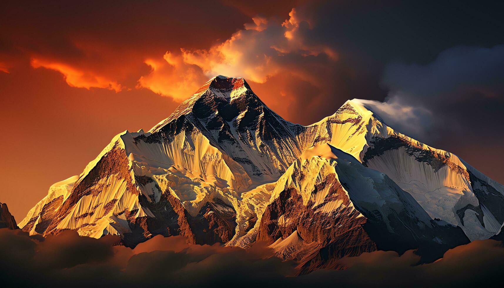 a mountain with clouds and fire in the sky ai generated photo