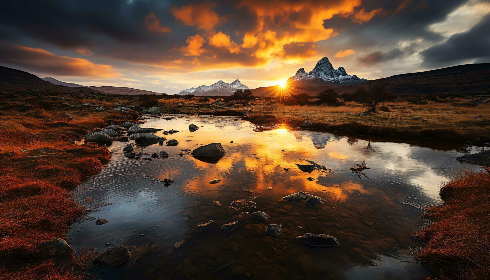 un montaña con nubes y fuego en el cielo ai generado foto