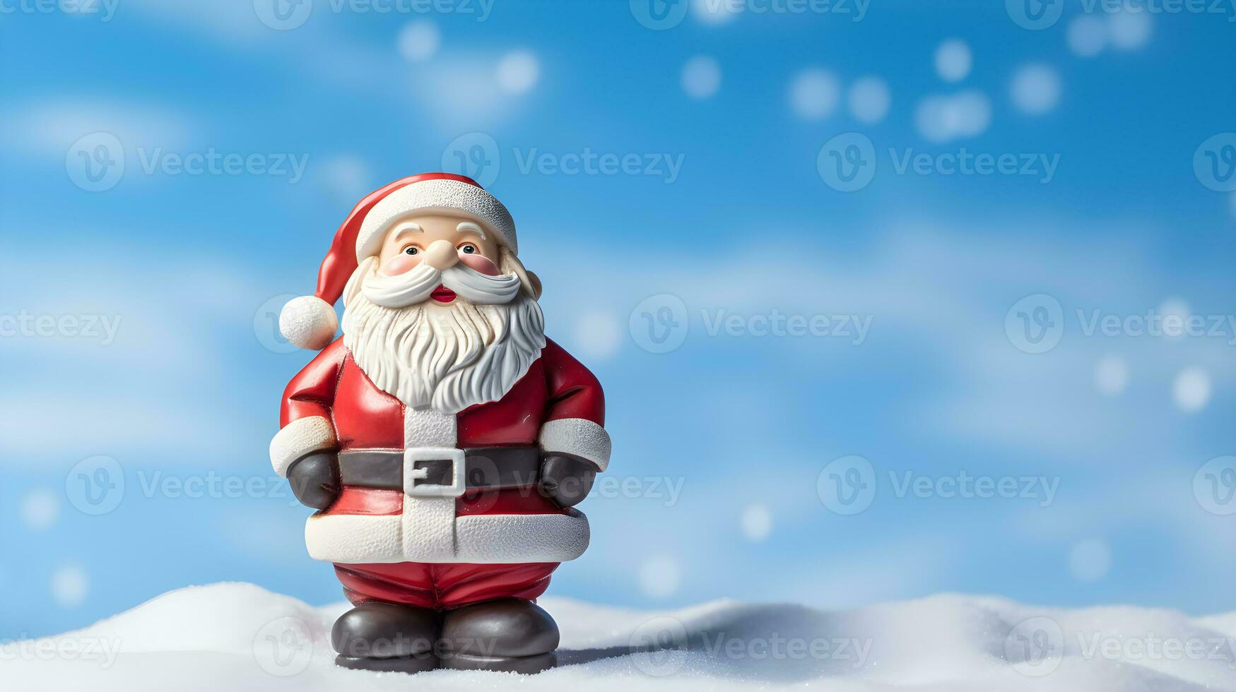 Santa Claus made by clay on blue sky with snowflake blur background. Cute Santa for Christmas wallpaper background with text space. photo