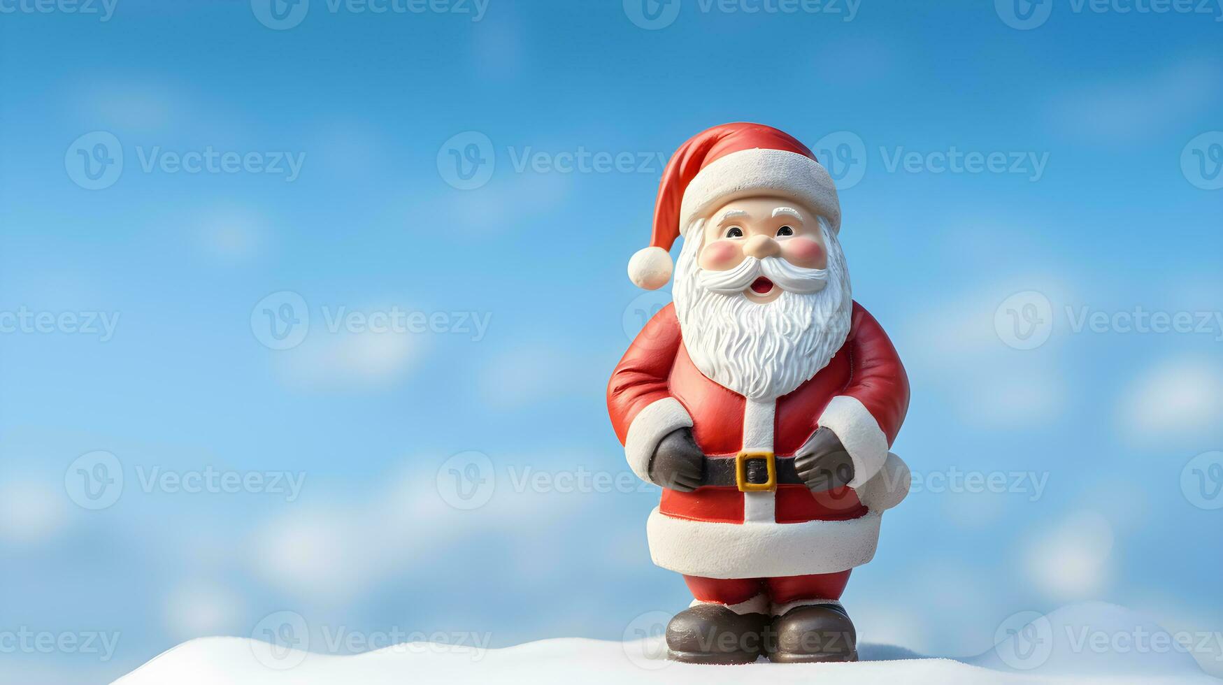 Santa Claus made by clay on blue sky with snowflake blur background. Cute Santa for Christmas wallpaper background with text space. photo