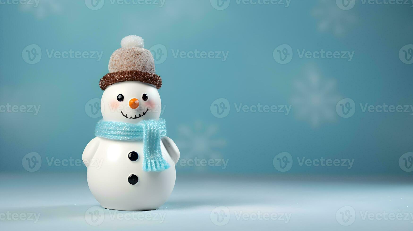 Snowman made by clay on blue sky with snowflake blur background. Cute snowman for Christmas wallpaper background with text space. photo