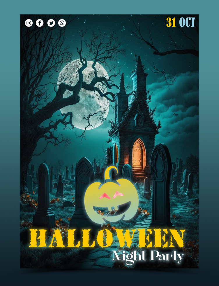 Happy Halloween. Psd template halloween party, pumpkin, pattern, gloomy castle and ghost for background, poster or flyer.