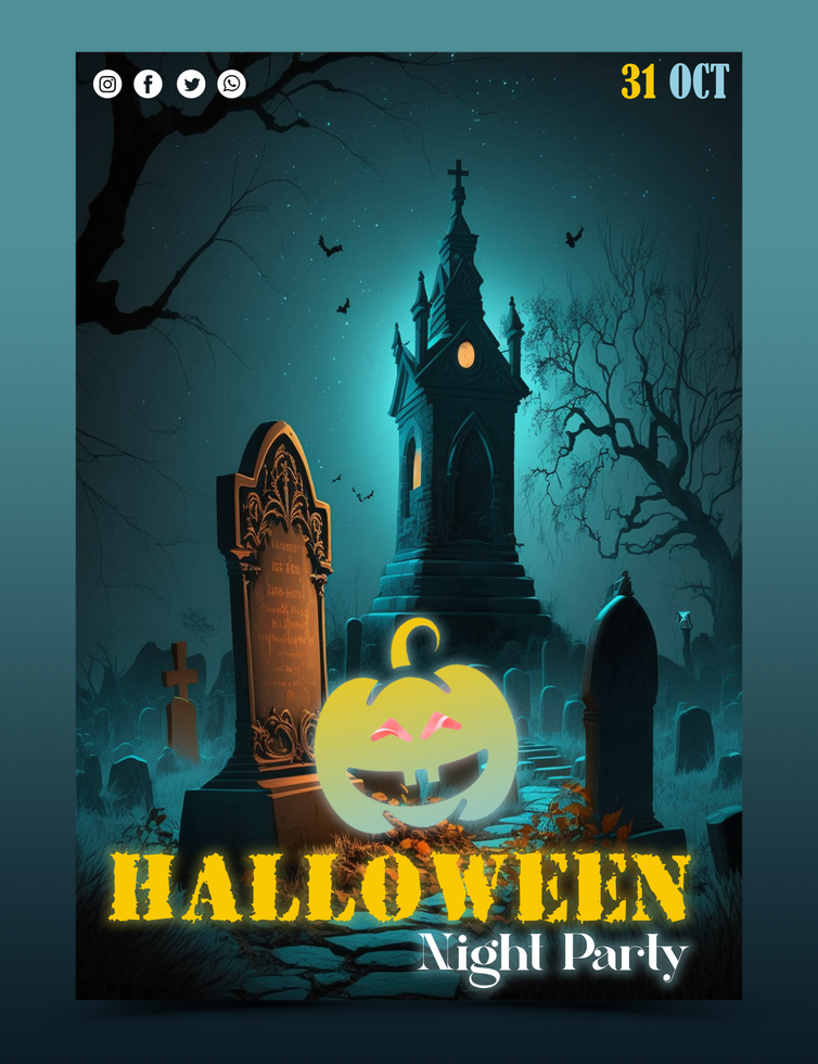 Happy Halloween. Psd template halloween party, pumpkin, pattern, gloomy castle and ghost for background, poster or flyer.