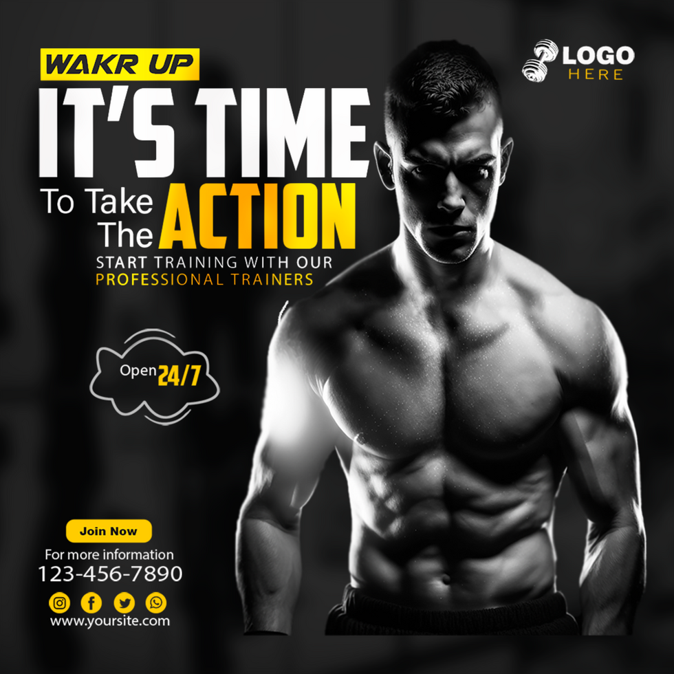 Fitness gym social media post banner psd template with realistic Portrait