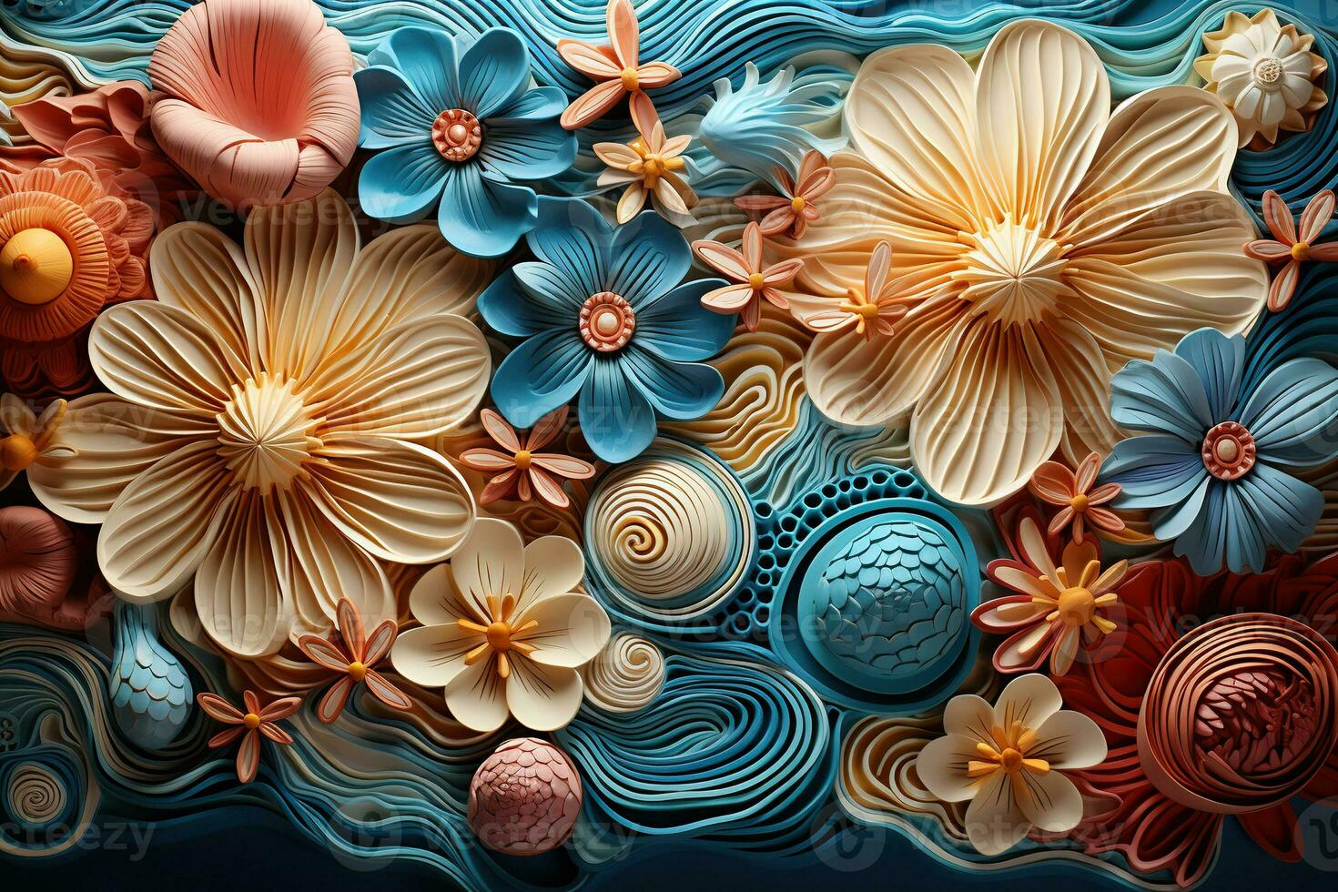 Multicolored flowers in cut paper style. Plants on the seabed. Generated by artificial intelligence photo