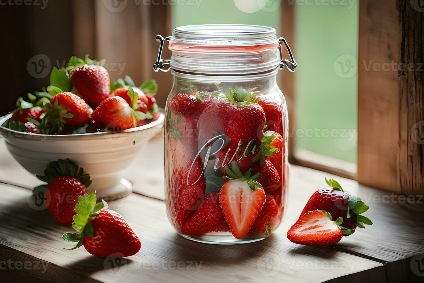 Fresco fresas en un Clásico masón tarro por ai generativo foto