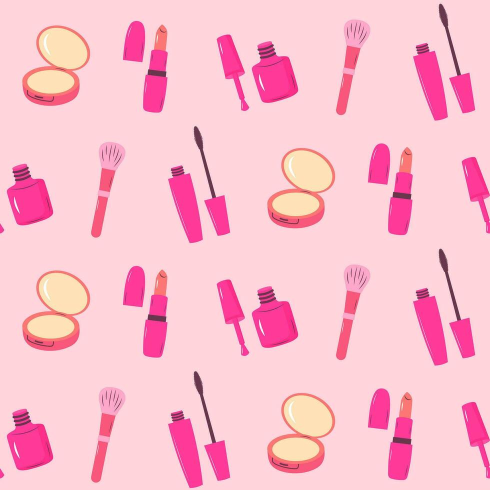 Pink glamour seamless pattern. Pink pattern with makeup cosmetics. vector