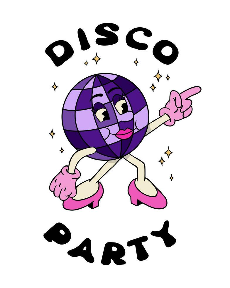 Retro style print design with disco ball cartoon character and lettering in groovy style. Hand drawn funny female character and slogan Disco Party. Vintage dancing concept illustration vector