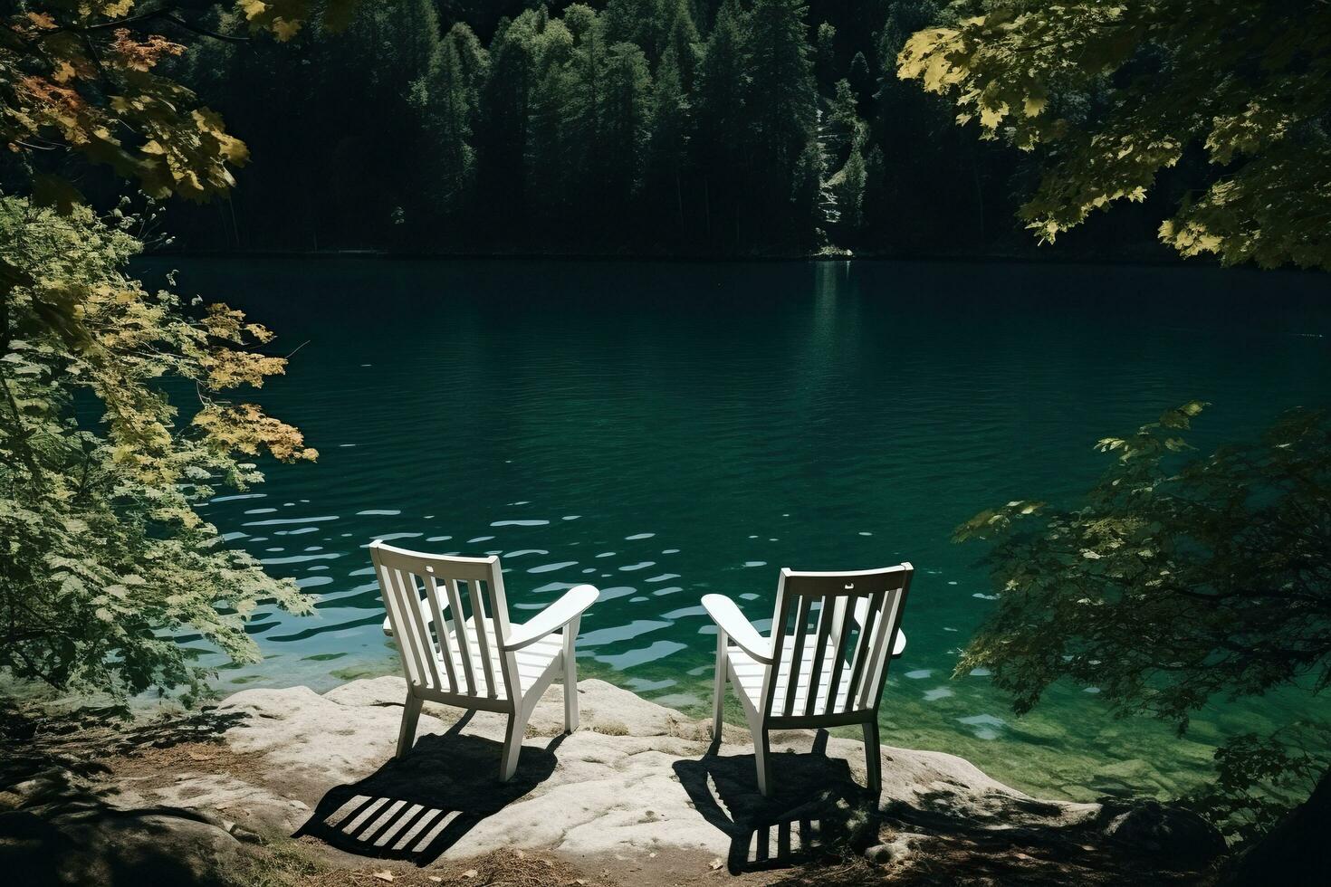 Two chairs for relaxing on the bank of a calm river in a pine forest. Camping, recreation. Generated by artificial intelligence photo