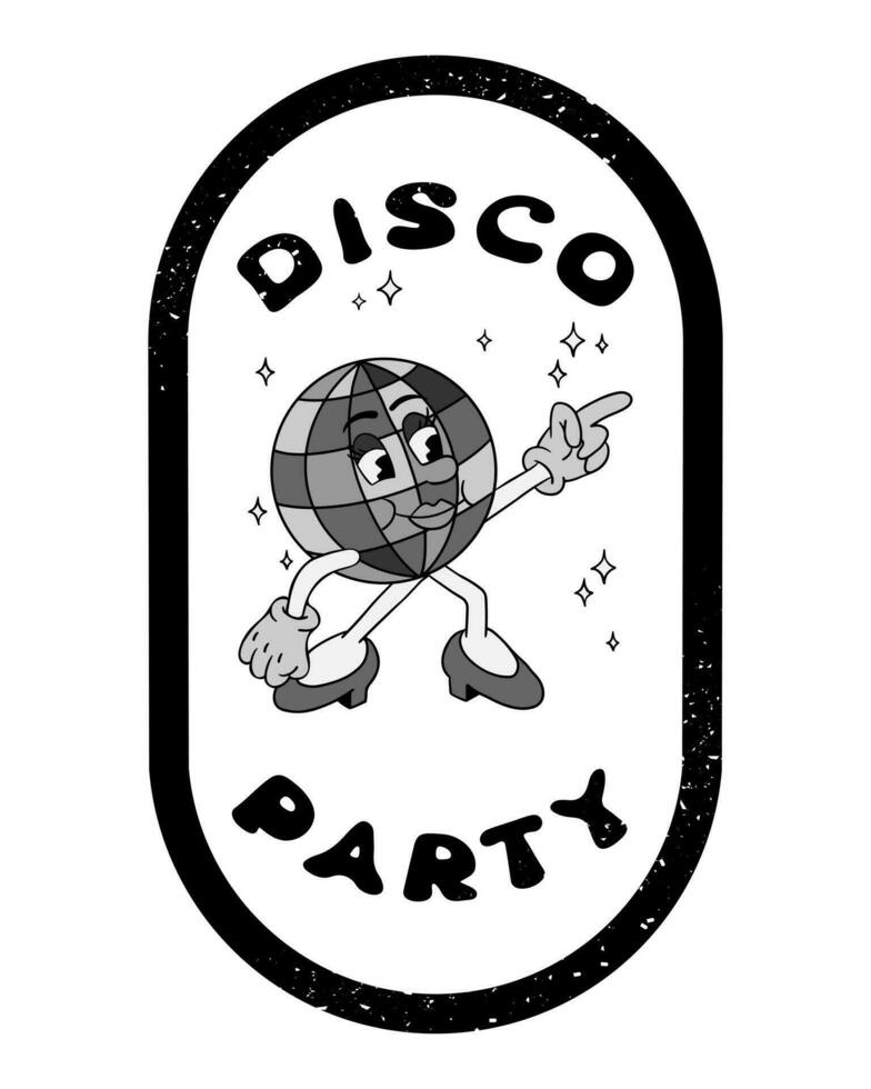 grunge impresión diseño con dibujos animados disco pelota. maravilloso mano dibujado hembra antiguo dibujos animados personaje y eslogan disco fiesta en marco con arañazos hippie negro Dakota del Norte blanco composición, impresión etiqueta, pegatina vector